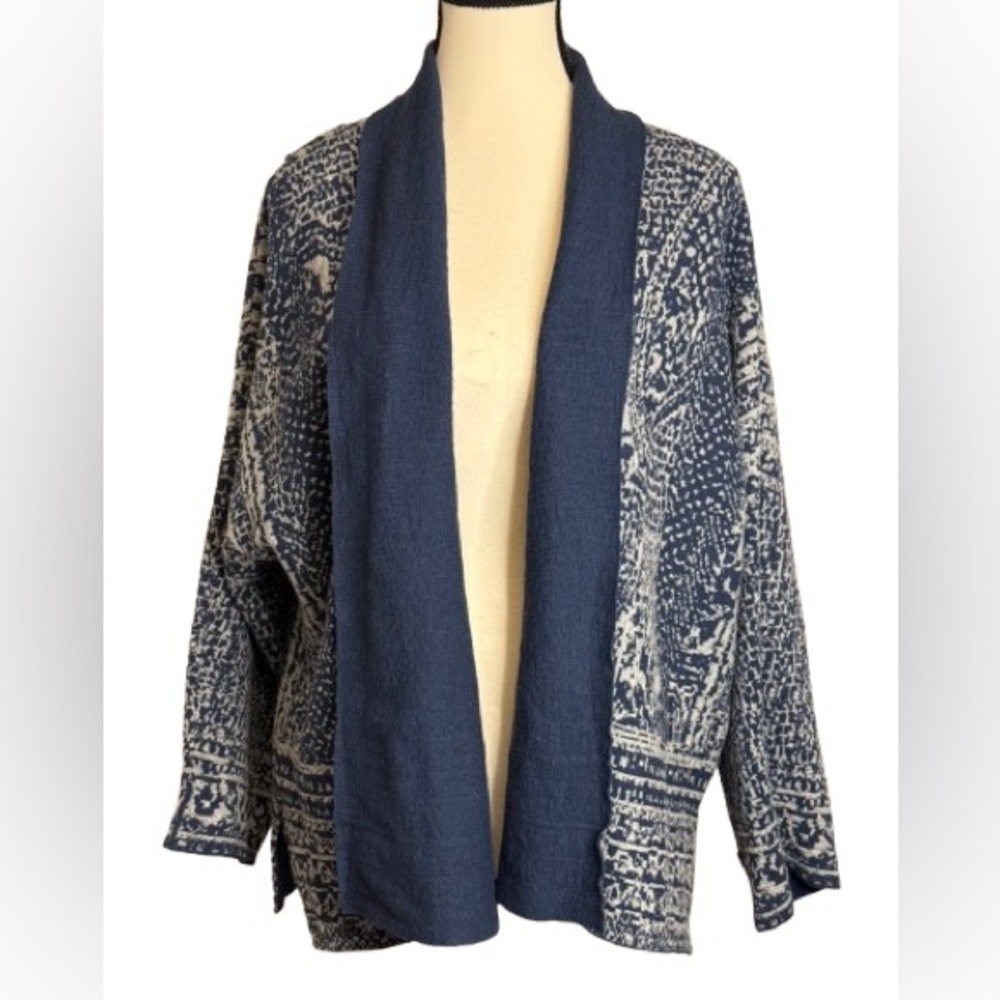 J. Jill Blue & Cream Open Front Cardigan M Petite Boho Knit stretchy layering
